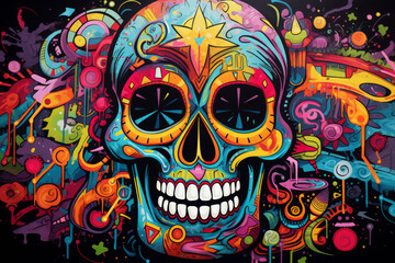 skull colorful graffiti art design bright background