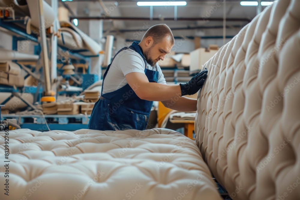 Poster a man working on a mattress in a factory, suitable for industrial concepts