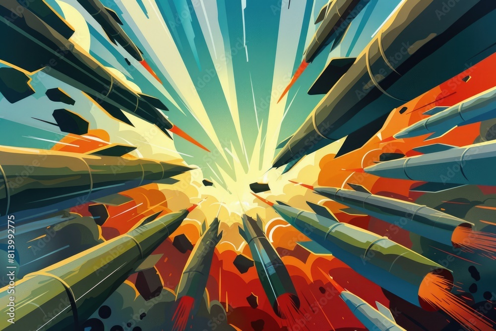 Poster rockets soaring through a clear blue sky, suitable for science or technology concepts