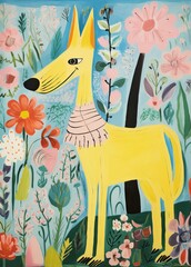 dog as a moomin a fairy tale, 1940s, by p j simson, in the style of colorful assemblages, characterful animal portraits, franÃ§ois boquet, the helsinki school, yellow and aquamarine, chic illustration
