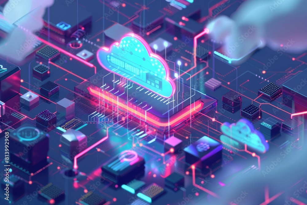 Poster Computer circuit with a cloud on top, suitable for technology concepts