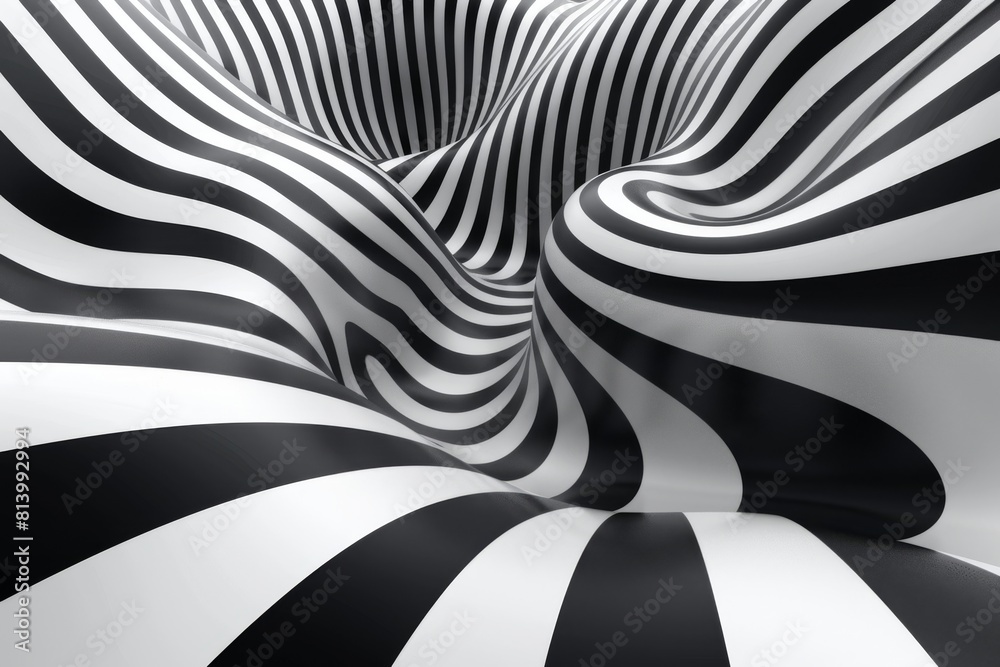 Aufkleber An eye-catching abstract design featuring continuous flowing waves in a classic black and white striped pattern, creating a stunning optical illusion.
