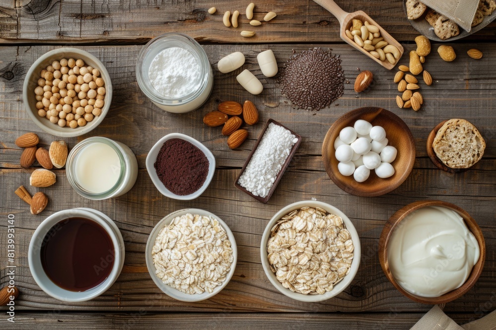 Poster A collection of different types of food displayed on a wooden table. Suitable for food blogs or restaurant promotions