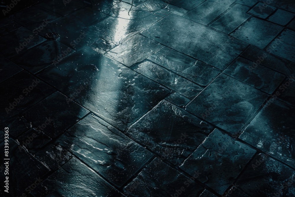 Poster abstract image of light shining through black tiled floor, suitable for backgrounds or textures