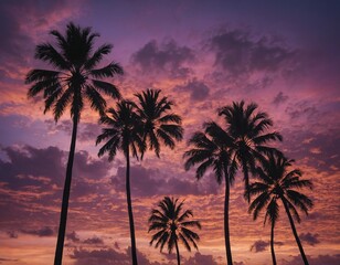 Fototapeta na wymiar Indulge in the beauty of a tropical sunset with our image of palm trees silhouetted against a sky painted in shades of pink and purple