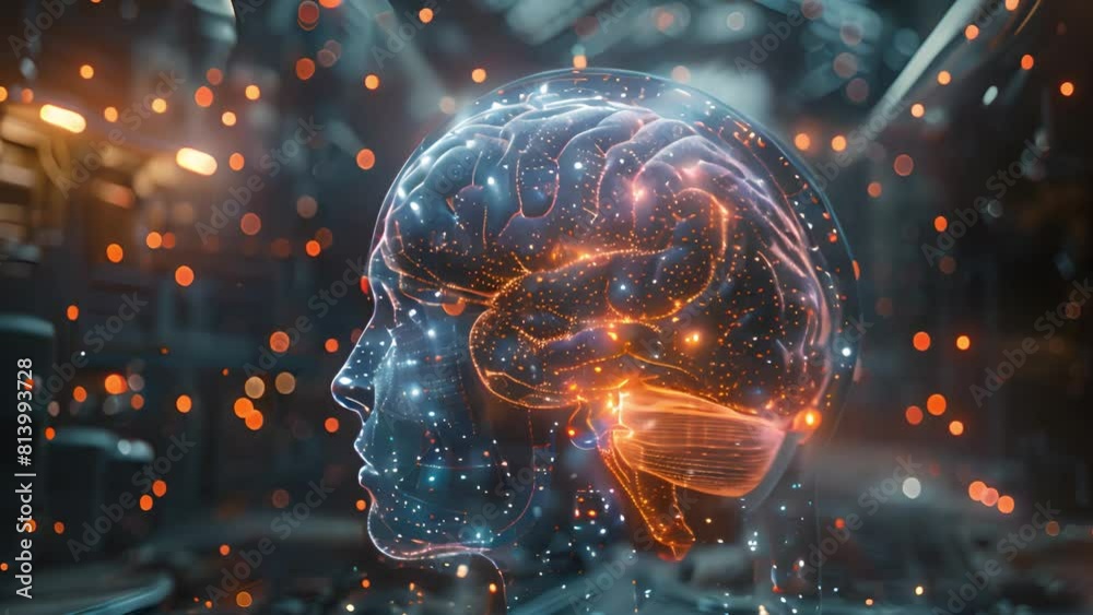 Poster close-up of a human head with a glowing brain visible in the center, showcasing the intricate comple