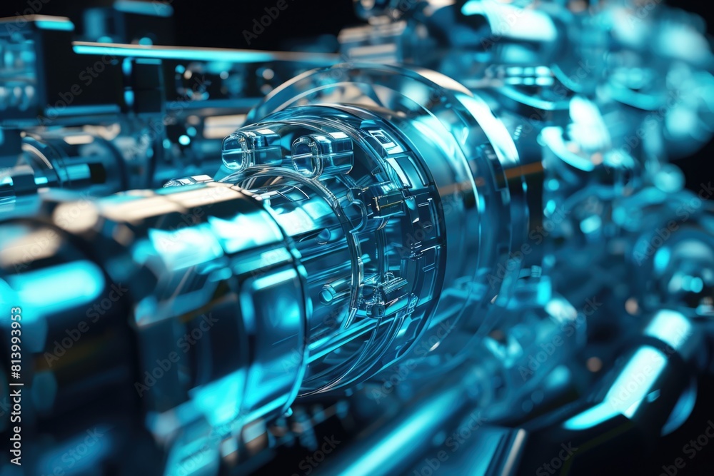 Poster detailed view of machine with glowing blue light. perfect for technology concepts