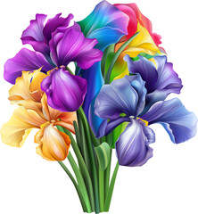 Iris bouquet, blooms in the colors of the pride flag, clipart style, single object, dicut PNG, isolated on white