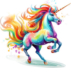 Joyful unicorn leaping with a rainbow burst, clipart, single object, dicut PNG, isolated on a white background