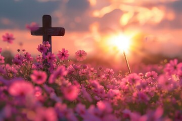 A cross standing tall in a field of colorful flowers. Perfect for religious themes or peaceful backgrounds