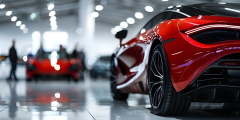 Red luxury car displayed in dealership with potential buyers in background. Concept Car dealership, Luxury vehicles, Red car, Potential buyers, Dealership showroom