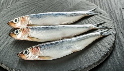 several raw anchovies on dark slate