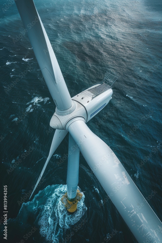 Poster wind turbine standing in the middle of the ocean, suitable for environmental and renewable energy co