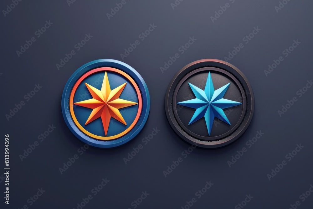 Poster Detailed close up of two circular buttons with a star design