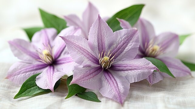   A cluster of lilac blossoms resting atop a white tablecloth adorned with verdant foliage