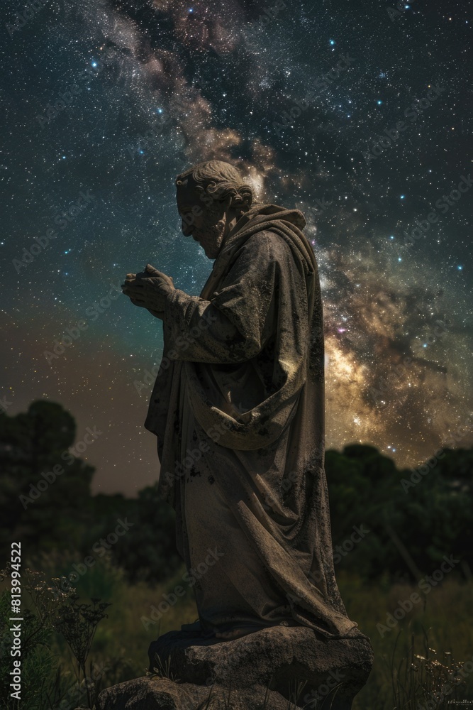 Poster a statue of a man praying in a serene field. perfect for religious and spiritual concepts
