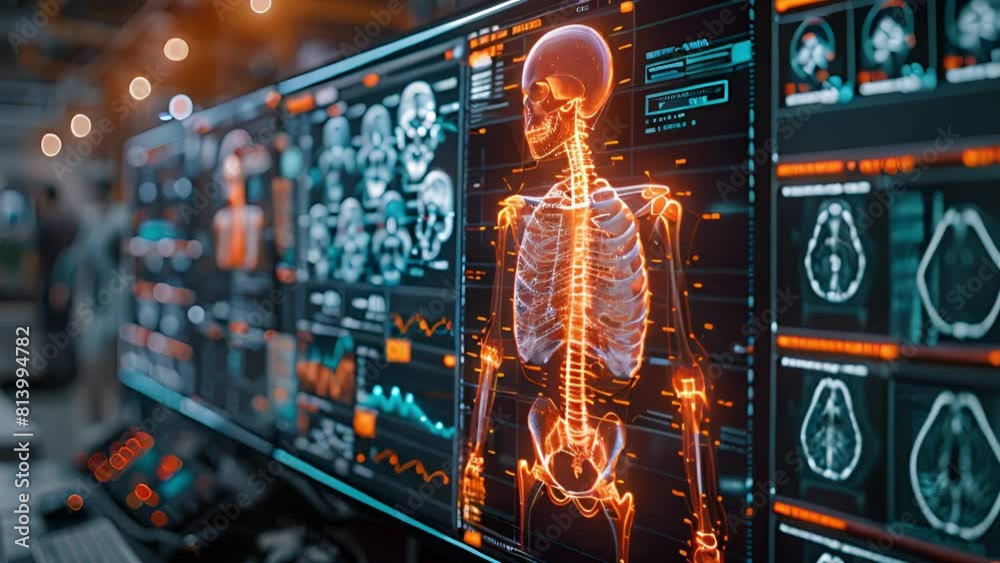 Poster A skeleton figure displayed on a computer screen, showcasing a digital representation of bones and anatomy.