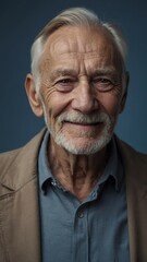 Obraz premium The gray-haired elderly man smiles happily. Indigo background.
