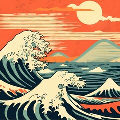 sun art in the style of hokusai, hokusai style Japanese art 