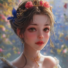Una sonriente y hermosa princesa con un chongo y una corona de flores