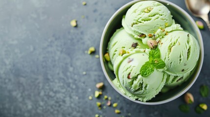 Obraz premium Pistachio Ice cream food photo, close up, top view, free space left generative ai