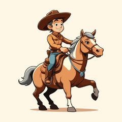 A Cute Boy Riding A White Horse Like a Cowboy Hand Drawn Vintage Style