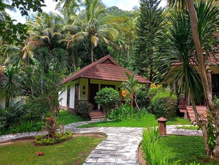 gazebo in the garden, with coconut palm trees on the background