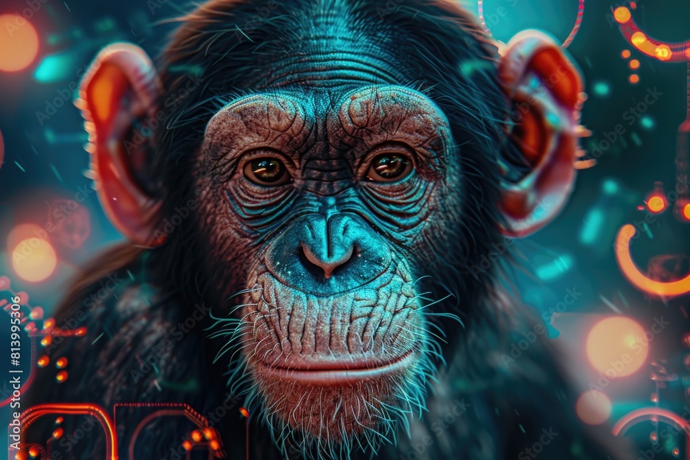 Poster Close up of a monkey's face with colorful lights in the background. Suitable for various design projects