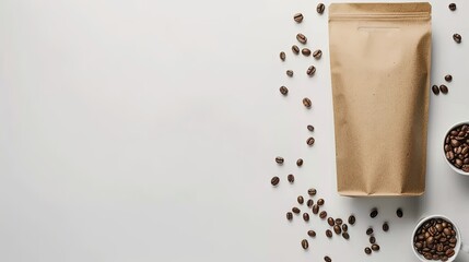 Mockup Coffee bag on white background with coffee beans and coffee accessories. Packaging template mockup