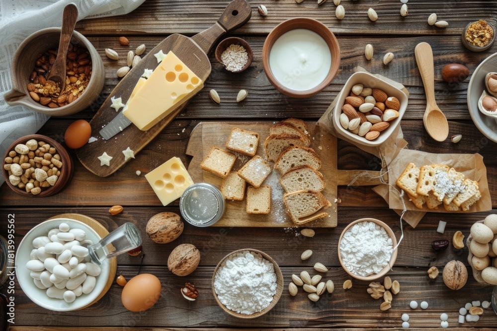 Poster a diverse selection of food items displayed on a wooden table. suitable for food and dining concepts