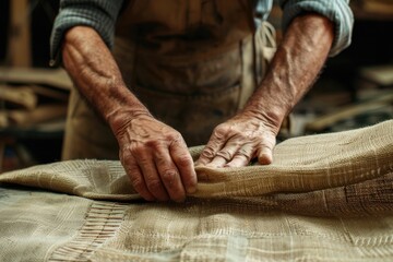 A close up of a person making a piece of cloth. Suitable for textile industry projects