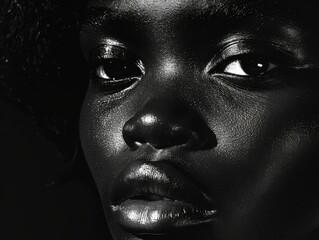 Striking black and white portrait of a woman with intense expression and glossy skin highlights.