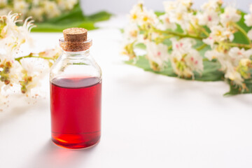 Tincture of horse chestnut flowers in a jar. Homemade herbal tincture. Hair treatment concept. Flat lay