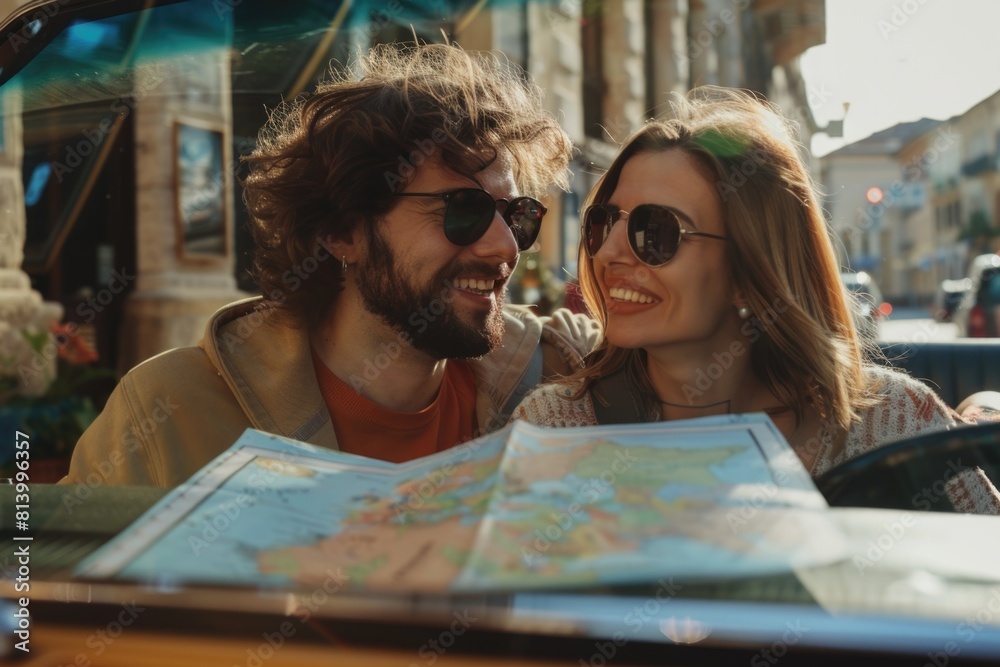 Poster A man and woman studying a map in a car. Useful for travel and navigation concepts