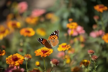 Obraz premium A colorful butterfly rests on vibrant orange summer flowers. Perfect for nature themes