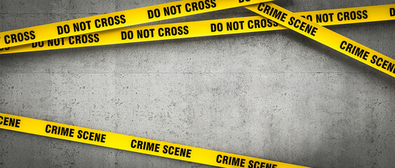Crime scene tape across concrete wall background