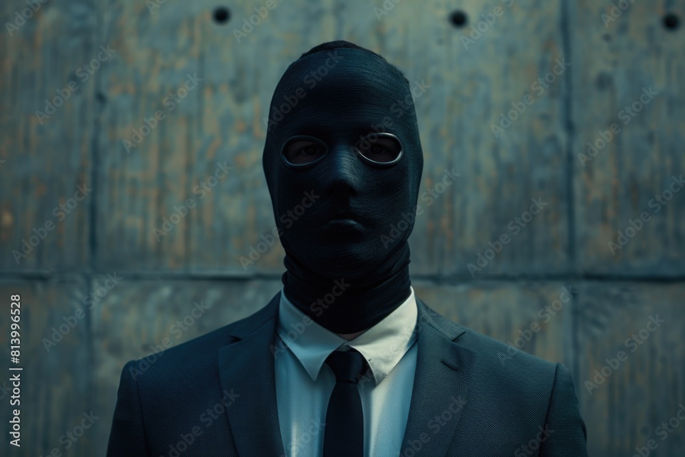 Poster a man wearing a black mask with a suit and tie. suitable for business security concepts