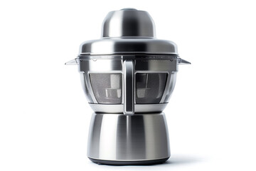 A sleek silver juicer with a wide feeding chute and stainless steel blades isolated on a solid white background.