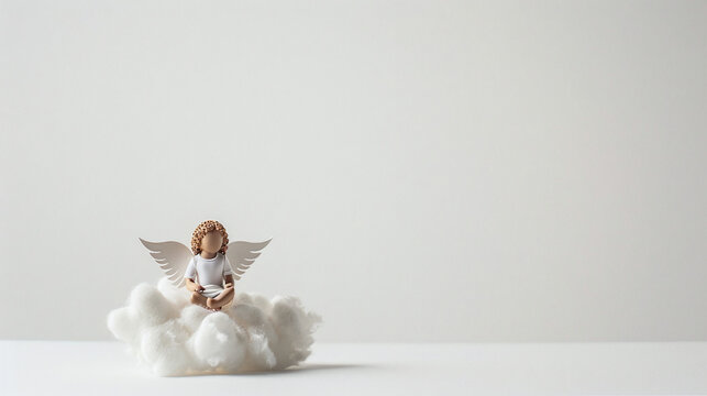 macro tilt-shift photography of tiny handmade figure of baby angel in a cloud, space for copy text