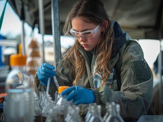 A graduate doing a science experiment in a outdoor environmental setups