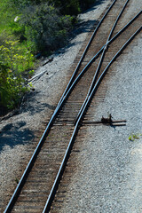 railroad tracks and switch, aerial view.