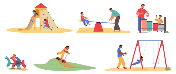 Set Of Scenes Depicting Fathers And Their Children Engaging In Fun Activities At Playground, Vector Illustration