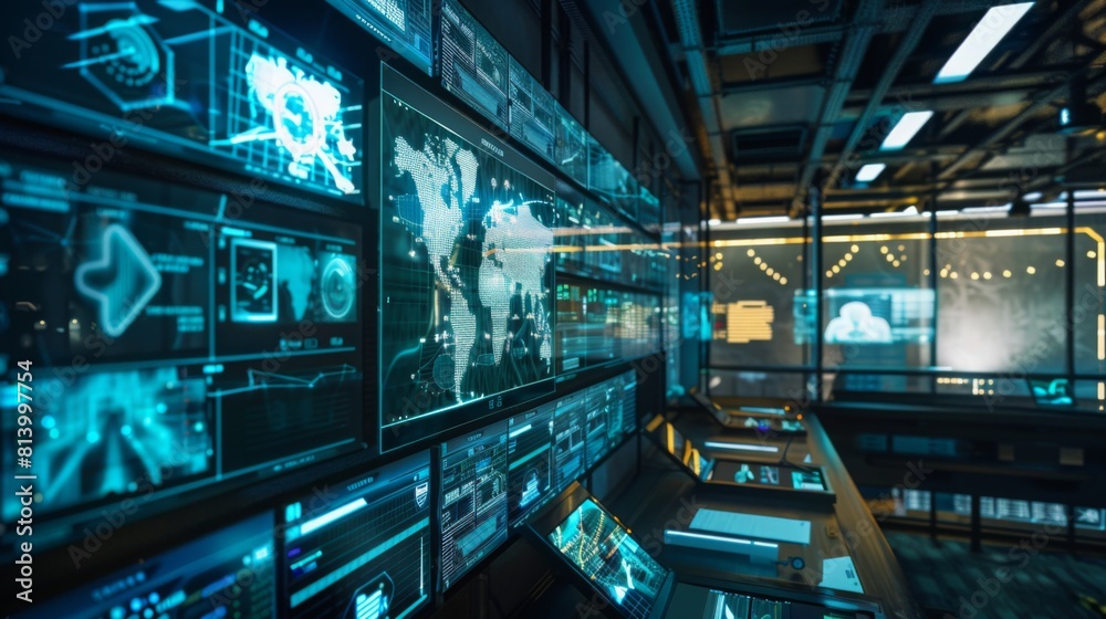 Poster a room filled with numerous monitors displaying various types of information, creating a centralized