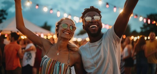 Obraz premium Joyful Couple Celebrating at a Festive Outdoor Event.