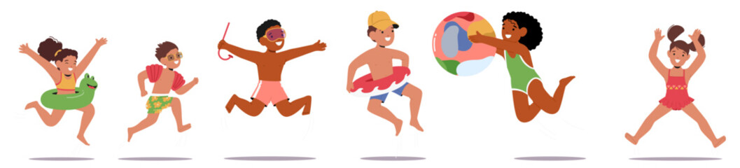 Joyful Parade Of Kids Leap And Bound With Beach Essentials, like Goggles, Snorkels, And A Colorful Ball By The Seaside
