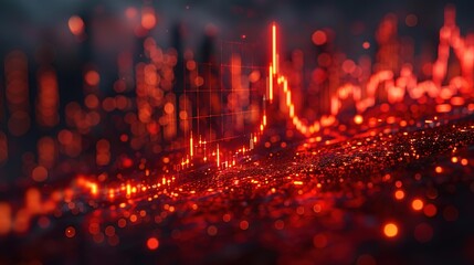 A glowing red stock market graph shows a dramatic rise and fall. The graph is set against a dark background with a glowing red grid.