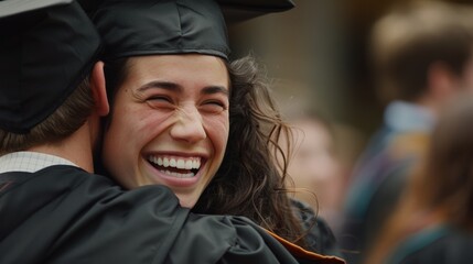 Fototapeta premium A graduate's dimples on full display from ear-to-ear grin, ecstatic, pride, hugging loved ones, natural window lighting, close-up of engraved graduation cap