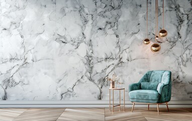 3D rendering of a modern interior design with a white marble wall and a turquoise armchair on a wooden floor, a copper pendant light and decorative objects