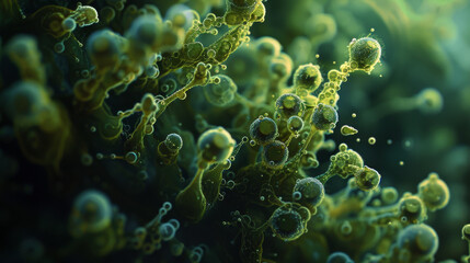 A macro shot capturing the intricate structure of moss spores, illuminated by soft natural light filtering through the forest canopy.