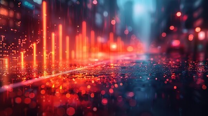 Create a photo of a rainy street with red neon lights reflecting off the wet pavement. The image should be dark and moody with a cyberpunk feel.